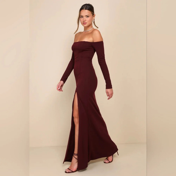Lulus Alluring Sophistication Dark Plum Off-the-Shoulder Maxi Dress XL Wedding - Picture 4 of 9